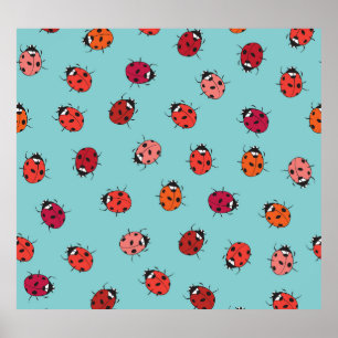 Poster Ladybugs, arrière - plan bleu, charmant patte sans