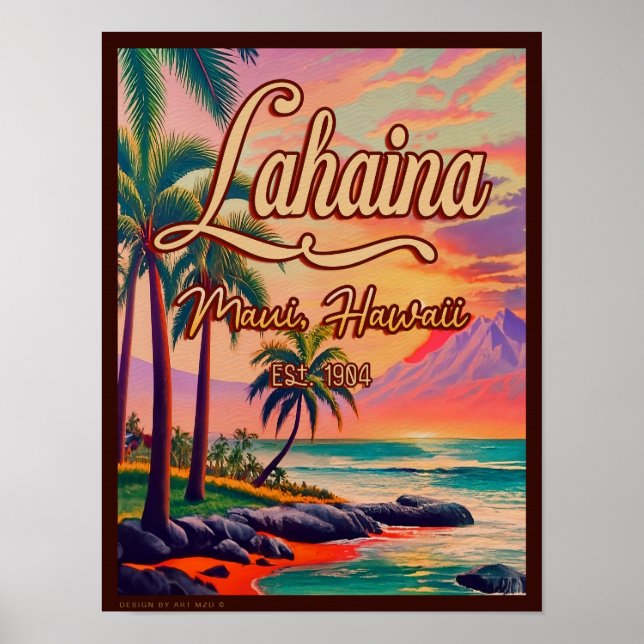 Poster Lahaina Maui Hawaii Retro Sunset Souvenir 1950 (Devant)