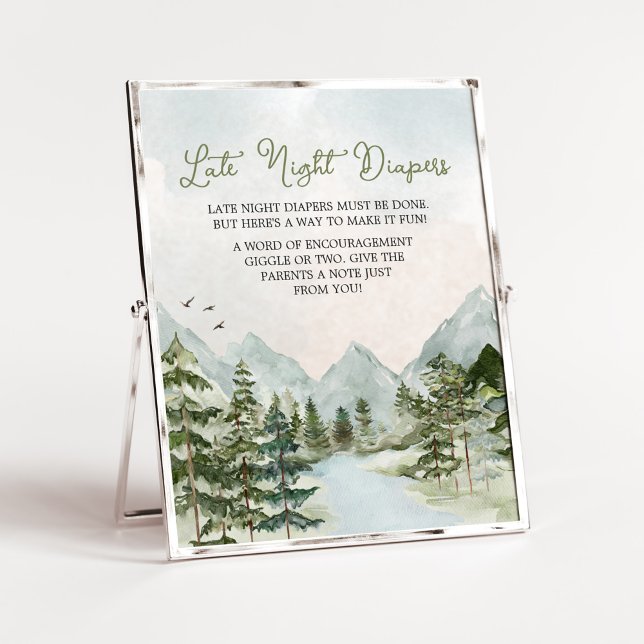 Poster Laisser l'aventure commencer Woodland couche tard  (Forest Baby Shower Late Night Diapers Sign)