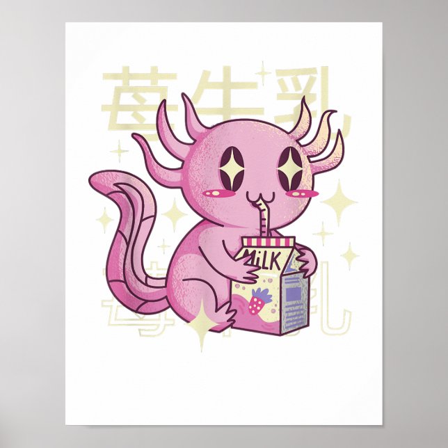 Poster Lait de fraise Axolotl Style japonais Kawai (Devant)