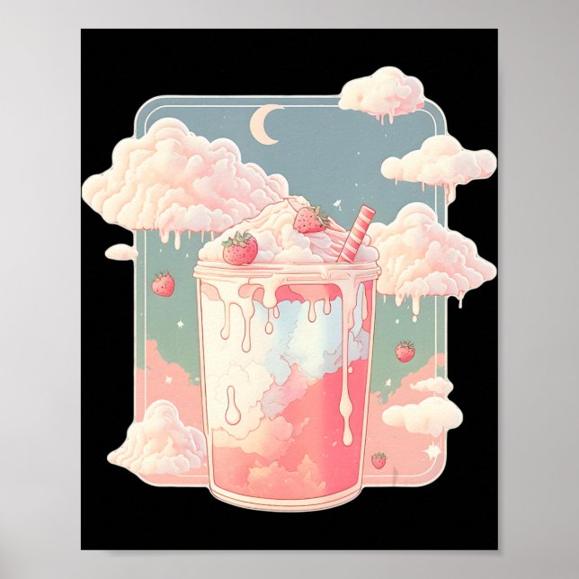 Poster Lait de fraise Milkshake Kawaii Lofi Cute Pastel (Devant)