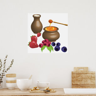 Poster Lait et Miel avec Baies Nourriture Rustique