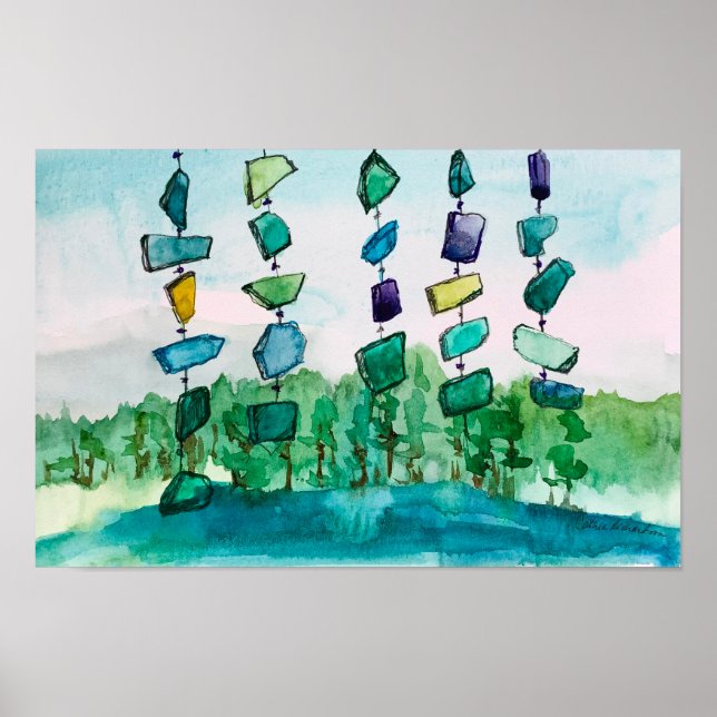 Poster Lake Chimes Blue Glass Landscape Painting (Devant)