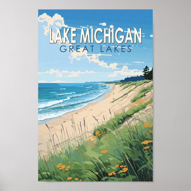 Poster Lake Michigan Travel Art Vintage (Devant)