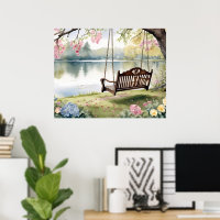 Lakeside Swing dans le jardin d'aquarelle romantiq