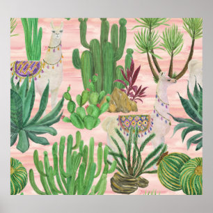 Poster Lamas aquarelle et motif cactus.