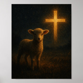 Poster Lamb Under the Cross Christian Night Scene Art