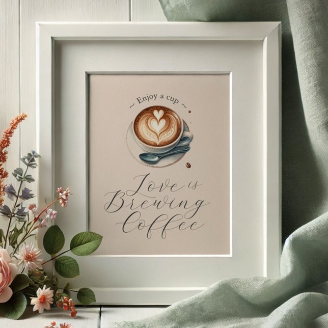 Poster L'amour brasse la Fête des mariées Café Bar (Coffee bar sign love is brewing theme. Latte with heart shaped foam illustrated. )