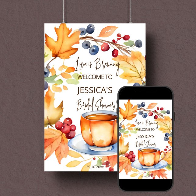Poster L'amour brasse l'automne nuptiale douche signe de  (Love is brewing fall bridal tea party bridal shower template welcome sign poster digital download)