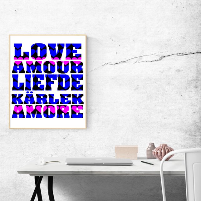 Poster L'amour dans de nombreuses langues Coeurs roses bl (A poster that says love in foreign languages with blue and pink hearts.)