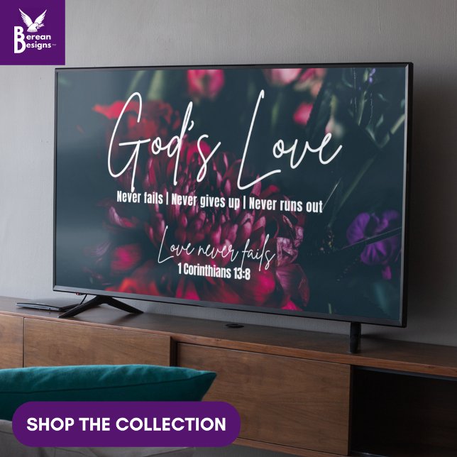 Poster L'AMOUR DE DIEU N'ÉCHOUE JAMAIS L'Art-Cadre chréti (Christian God's Love Never Fails wall art for display TV with dark floral bouquet and Bible text)
