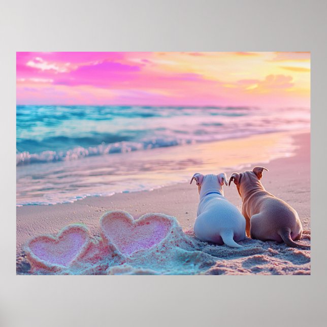 Poster L'amour du chien sur la plage, Coeurs (Devant)