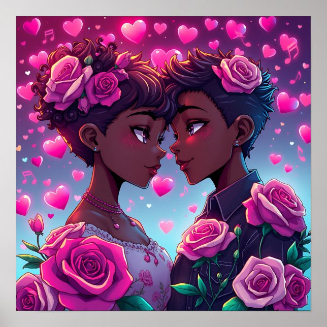 Poster L'amour LGBT | Couple Anime Africain-Américain (Devant)