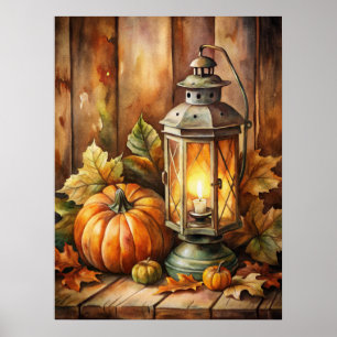 Poster Lampe et citrouilles d'automne