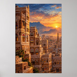 Poster L'ancienne Sana'a à l'aube - Architecture du patri