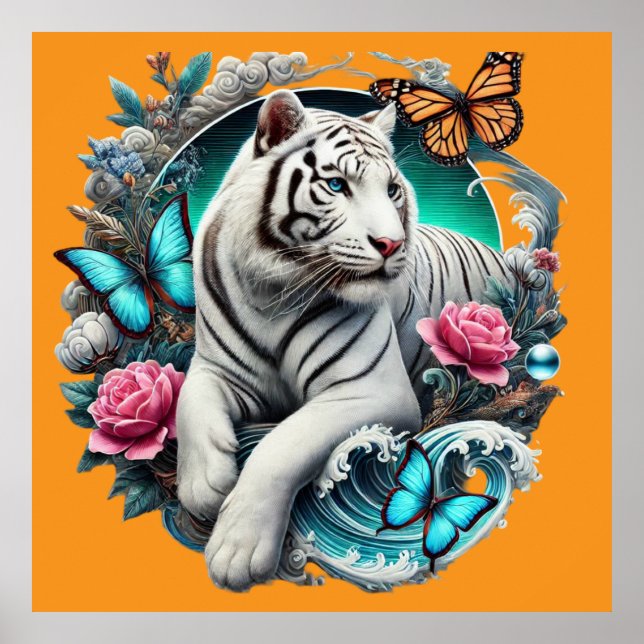 POSTER LANDSCAPE WITH TIGER, BUTTERFLIES AND FLOWERS (Devant)