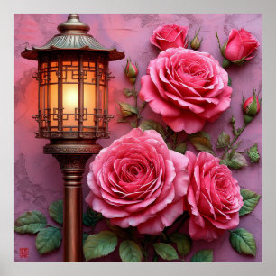 Poster Lanterne Élégante avec Roses Roses en Fleur