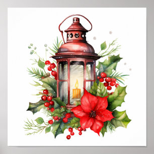 Poster Lanterne rouge de Noël Poinsettia et pin