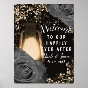 Poster Lanterne Rustique Glow Fleurs Roses Grises Mariage