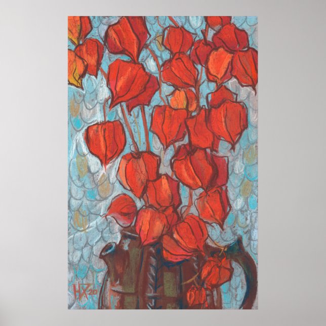Poster Lanternes chinoises, Physalis peinture florale d'a (Devant)