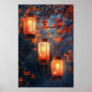 Poster Lanternes Japonaises la Nuit – Art à l'Aquarelle C