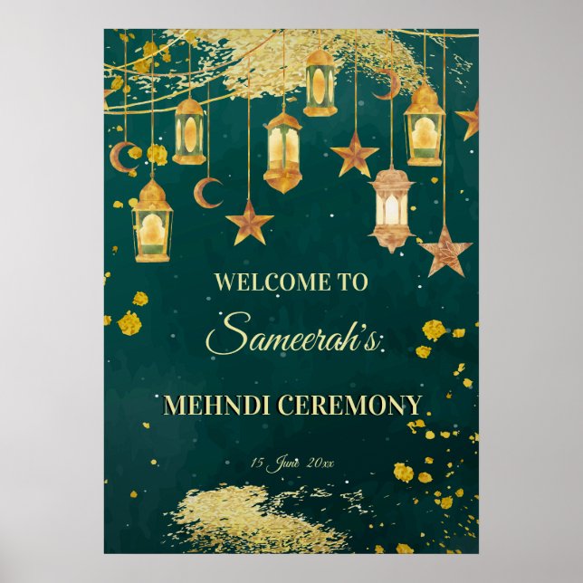 Poster lanternes marocaines vertes Mehndi personnalisé (Devant)