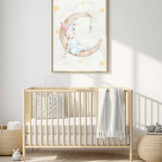 Poster Lapin à l'aquarelle dormant sur une lune - Art pou