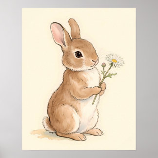 Poster Lapin à l'aquarelle douce tenant une fleur de marg