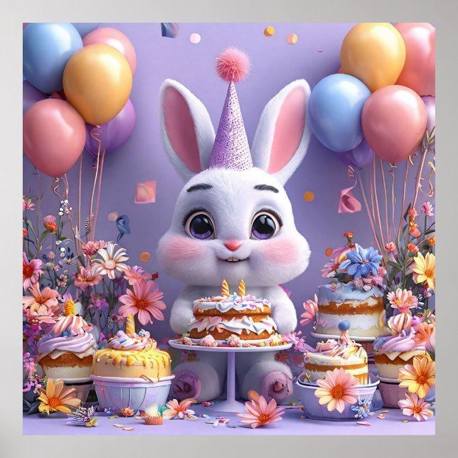 Poster Lapin Adorable Célébrant un Anniversaire (Devant)