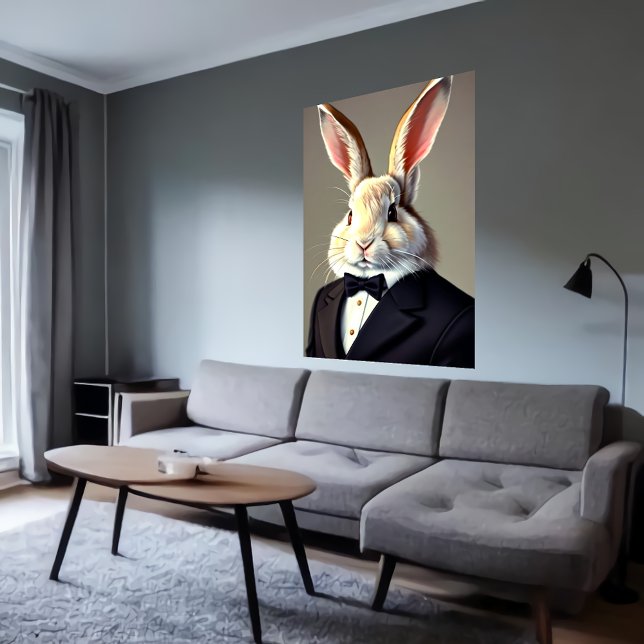 Poster Lapin anthropomorphique en costume noir | Art AI (Créateur téléchargé)
