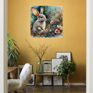 Poster Lapin aquarelle bois fleurs pastel Pâques