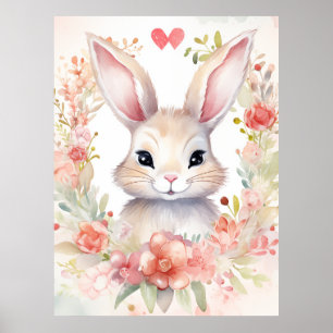 Poster Lapin avec couronne de fleurs