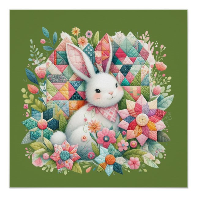 Poster Lapin avec courtepointe et fleurs (Devant)
