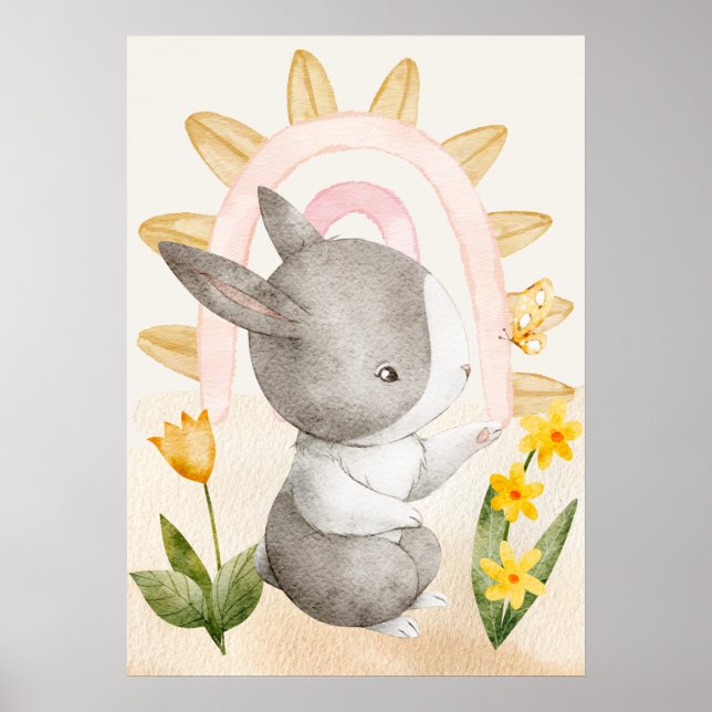 Poster Lapin, Bébé Animaux, Boho, Fleurs Jaunes, Arc-en-c (Devant)