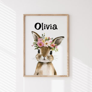 Poster Lapin bébé personnalisé avec couronne fleurie