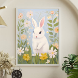 Poster Lapin blanc dans les fleurs printanières