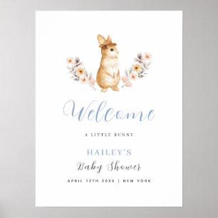 Poster Lapin Bleu Fleur Sauvage Bienvenue Baby Shower 