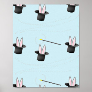 Poster Lapin dans un casquette avec baguette magique bleu