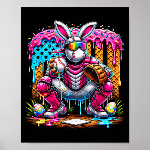 Poster Lapin de baseball drôle Catcher Pâques Sports Arc-