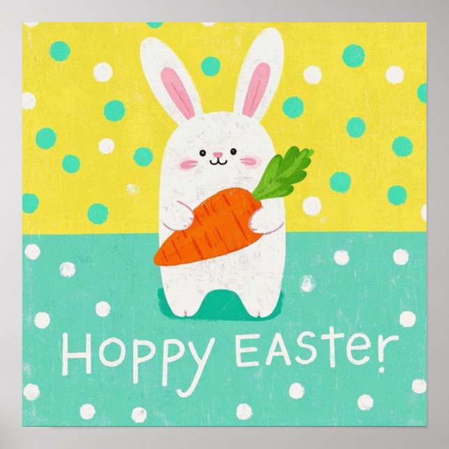 Poster Lapin de dessin animé tenant une carotte, pois (Devant)