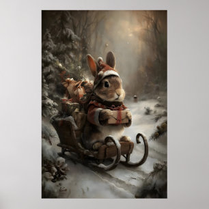 Poster Lapin de Noël sur traîneau, Art d'animal d'hiver c