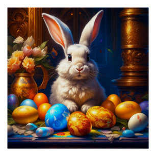 Poster Lapin de Pâques blanc baroque avec des oeufs