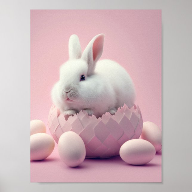 Poster Lapin de Pâques blanc et oeufs Arrière - plan rose (Devant)