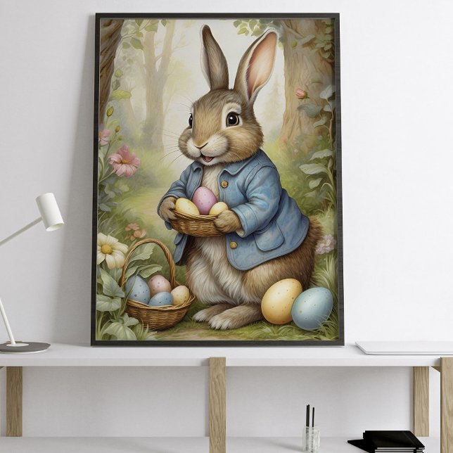 Poster Lapin de Pâques charmant en manteau bleu en forêt  (Créateur téléchargé)