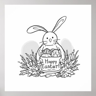 Poster Lapin de Pâques dessiné à la main style de coloria