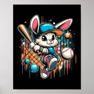 Poster Lapin de Pâques drôle jouant au baseball Lapin de