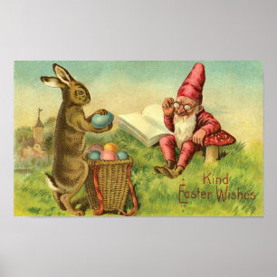 Poster Lapin De Pâques Et Gnome Salutation Vintage