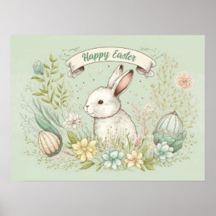 Poster Lapin de Pâques heureux avec des florales vert sau