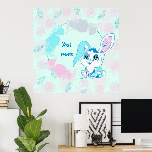 Poster Lapin de Pâques heureux Mignon Kawaii Bleu