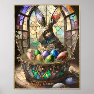 Poster Lapin de Pâques Steampunk et œufs colorés dans un